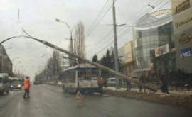 Un pilon de electricitate a căzut peste un troleibuz din capitală FOTO
