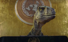 Campanie inedită Un dinozaur ocupă sediul ONU cerînd umanităţii să nuşi provoace extincţia VIDEO