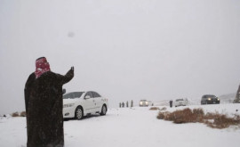 A nins abundent în Arabia Saudită Mai mulți bărbați au cîntat și au dansat în zăpadă