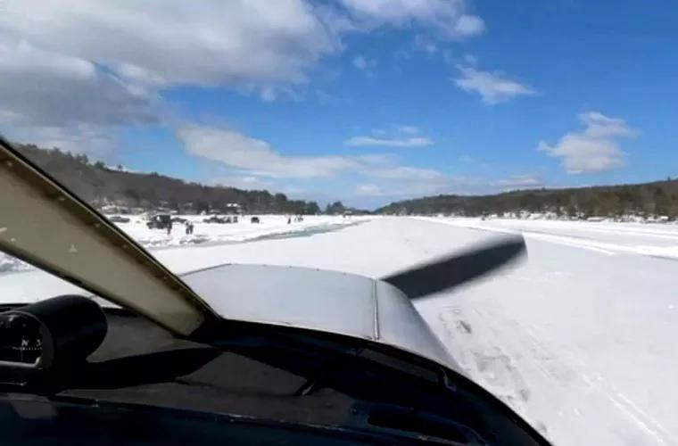 Imagini inedite cu un avion care aterizează pe un lac înghețat din SUA