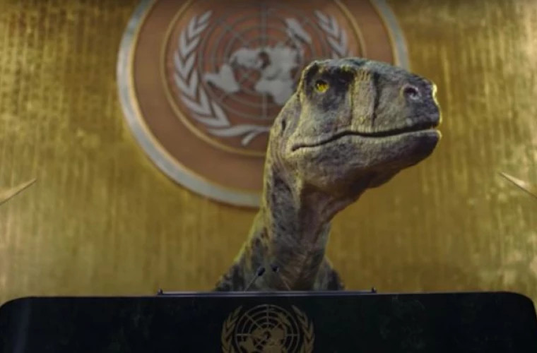 Campanie inedită. Un dinozaur „ocupă” sediul ONU cerînd umanităţii să nu-şi provoace extincţia (VIDEO)